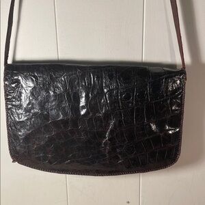 Exotic Chocolate Brown Alligator Leather Messenger Bag Distressed Texture Vtg